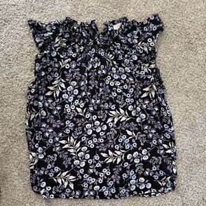 LOFT Black Floral Ruffle Neck Blouse